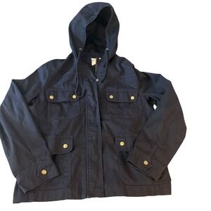 J. Crew Hooded Utility Jacket‎ Gold Hardware Navy Cotton Blend Size Large
